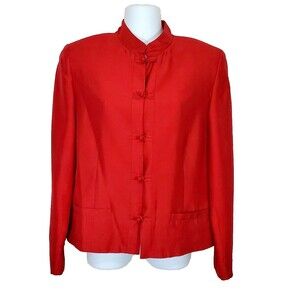 Jennifer West Blazer Jacket 6 Red Silk Asian Knot Closure Mandarin Collar Lined